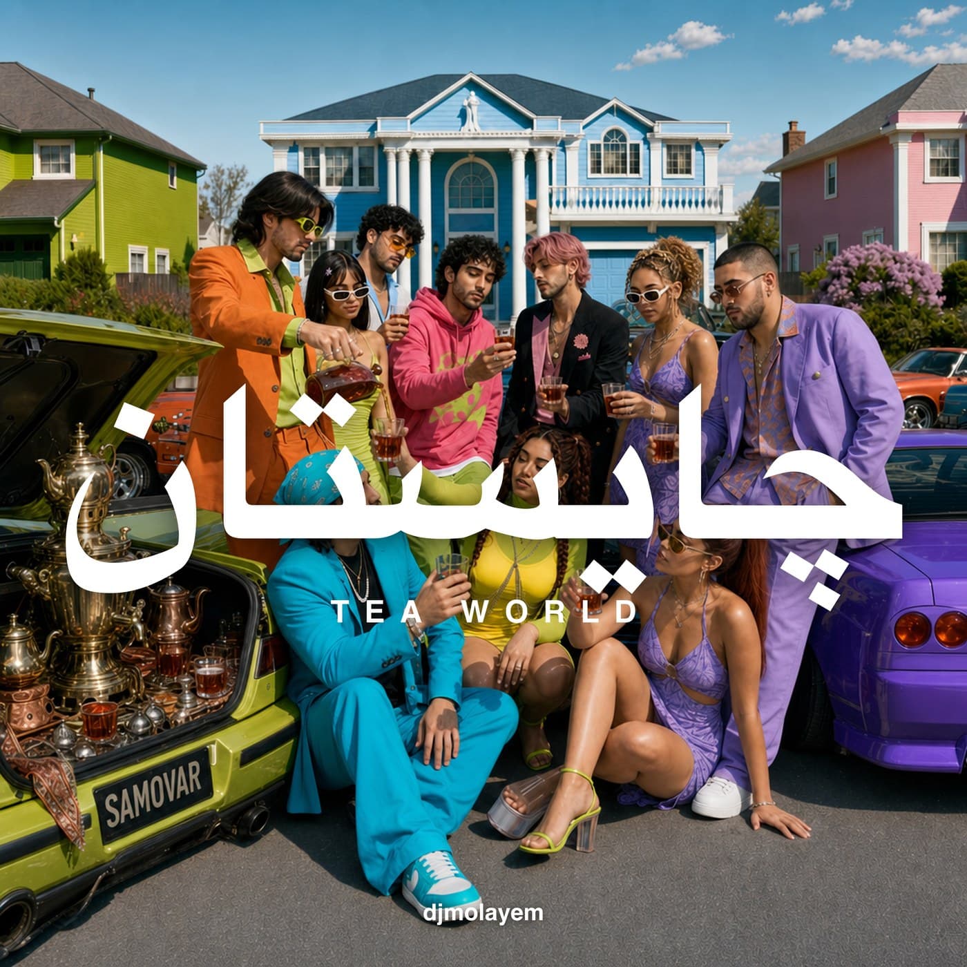 TEA WORLD — album cover. A crew around an open car trunk holding a brass samovar, copper teapots and estekans, outside pastel suburban houses.